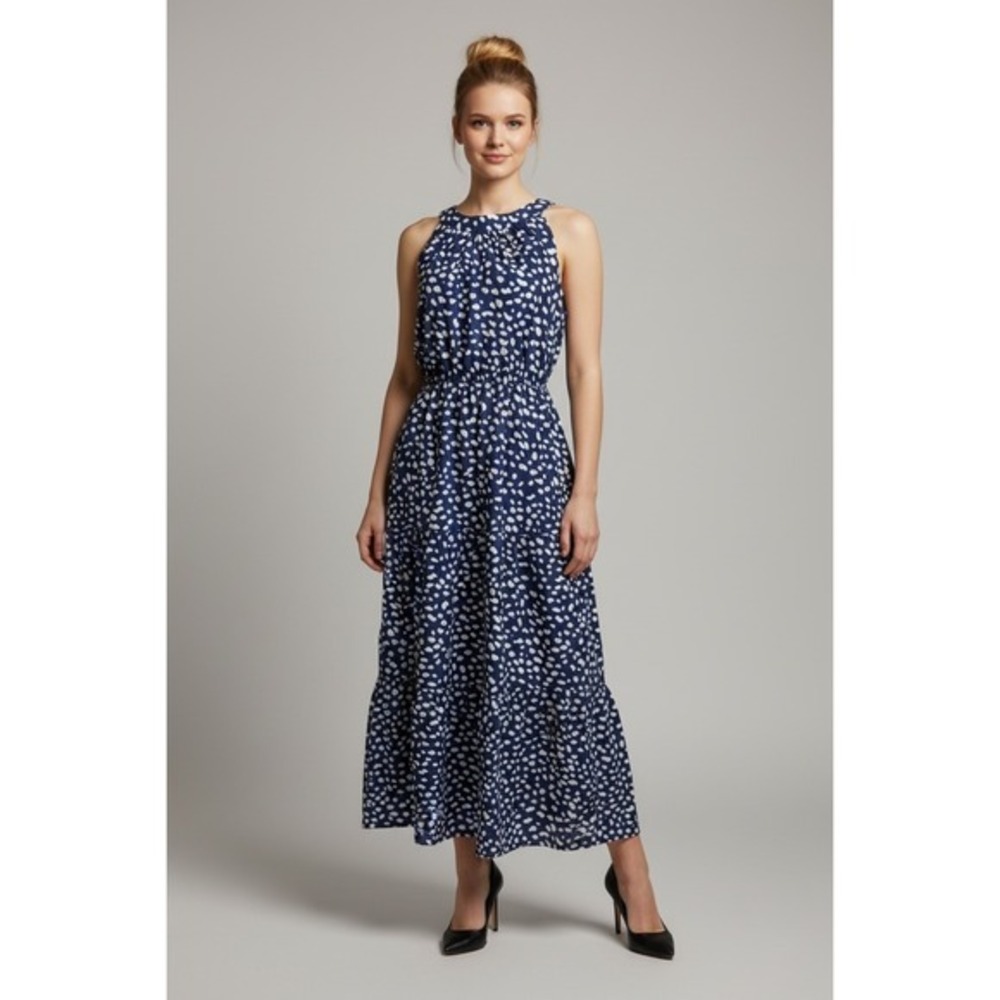 Navy Blue White Polka Dot Large Tiered Halter Maxi Dress Retro Style 60's